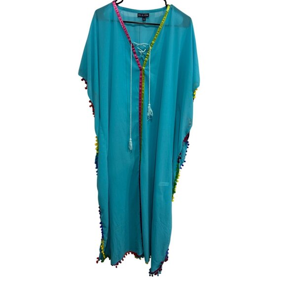 Fig & Vine XL Pom-Pom Trim Sheer Kaftan Teal Multicolor Satin Tie Cover-Up - Picture 1 of 11